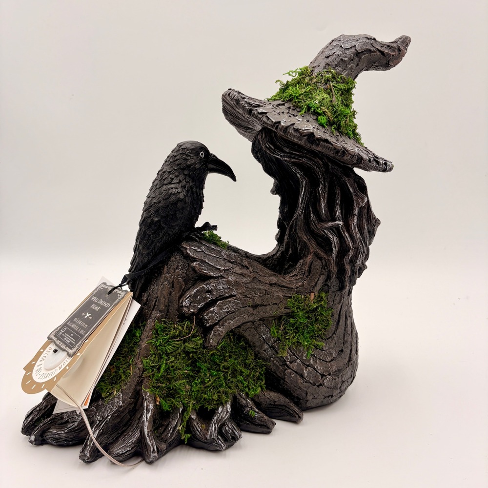 Well Dressed Home LED Lighted Halloween Witch Tree with Raven Moss Decoration